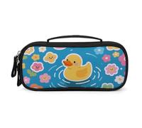 MUSM Small Makeup Bag with Handle - Durable PU Leather & Oxford Fabric Portable Mini Cosmetic Case Makeup Brush Holder for Women, Yellow Duck in Pond Pencil Case for Travel Office