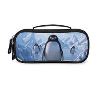 MUSM Small Makeup Bag with Handle - Durable PU Leather & Oxford Fabric Portable Mini Cosmetic Case Makeup Brush Holder for Women, Penguin Antarctica Ice Pencil Case for Travel Office