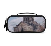MUSM Small Makeup Bag with Handle - Durable PU Leather & Oxford Fabric Portable Mini Cosmetic Case Makeup Brush Holder for Women, Armenian Church Pencil Case for Travel Office