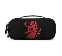 MUSM Small Makeup Bag with Handle - Durable PU Leather & Oxford Fabric Portable Mini Cosmetic Case Makeup Brush Holder for Women, Red Papercut Dancer Pencil Case for Travel Office