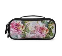 MUSM Small Makeup Bag with Handle - Durable PU Leather & Oxford Fabric Portable Mini Cosmetic Case Makeup Brush Holder for Women, Retro Rose Flower Pencil Case for Travel Office