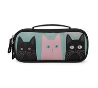 MUSM Small Makeup Bag with Handle - Durable PU Leather & Oxford Fabric Portable Mini Cosmetic Case Makeup Brush Holder for Women, Three Charming Cats Pencil Case for Travel Office