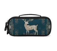 MUSM Small Makeup Bag with Handle - Durable PU Leather & Oxford Fabric Portable Mini Cosmetic Case Makeup Brush Holder for Women, Snowflake Christmas Reindeer Pencil Case for Travel Office