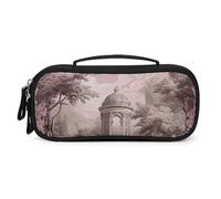 MUSM Small Makeup Bag with Handle - Durable PU Leather & Oxford Fabric Portable Mini Cosmetic Case Makeup Brush Holder for Women, Peach Delicate Flowers Pencil Case for Travel Office