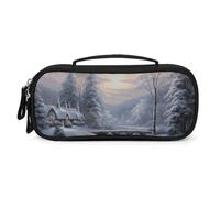 MUSM Small Makeup Bag with Handle - Durable PU Leather & Oxford Fabric Portable Mini Cosmetic Case Makeup Brush Holder for Women, Winter Snow Scene Pencil Case for Travel Office