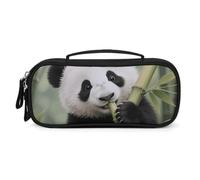 MUSM Small Makeup Bag with Handle - Durable PU Leather & Oxford Fabric Portable Mini Cosmetic Case Makeup Brush Holder for Women, Panda Cub Eating Bamboo Pencil Case for Travel Office