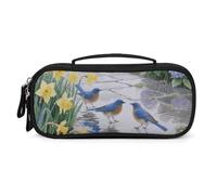 MUSM Small Makeup Bag with Handle - Durable PU Leather & Oxford Fabric Portable Mini Cosmetic Case Makeup Brush Holder for Women, Summer Bluebirds Daffodil Pencil Case for Travel Office