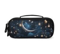 MUSM Small Makeup Bag with Handle - Durable PU Leather & Oxford Fabric Portable Mini Cosmetic Case Makeup Brush Holder for Women, Nightsky Hanging Moon Stars Pencil Case for Travel Office