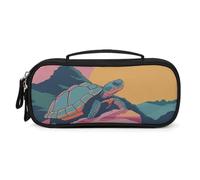 MUSM Small Makeup Bag with Handle - Durable PU Leather & Oxford Fabric Portable Mini Cosmetic Case Makeup Brush Holder for Women, Turtle on The Mountain Pencil Case for Travel Office