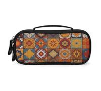 MUSM Small Makeup Bag with Handle - Durable PU Leather & Oxford Fabric Portable Mini Cosmetic Case Makeup Brush Holder for Women, Group of Moroccan Geometric Pencil Case for Travel Office