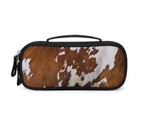 MUSM Small Makeup Bag with Handle - Durable PU Leather & Oxford Fabric Portable Mini Cosmetic Case Makeup Brush Holder for Women, Red And White Cowhide Pencil Case for Travel Office