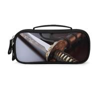 MUSM Small Makeup Bag with Handle - Durable PU Leather & Oxford Fabric Portable Mini Cosmetic Case Makeup Brush Holder for Women, Japan Samurai Sword Pencil Case for Travel Office