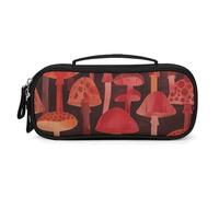 MUSM Small Makeup Bag with Handle - Durable PU Leather & Oxford Fabric Portable Mini Cosmetic Case Makeup Brush Holder for Women, Orange Mushroom Pattern Pencil Case for Travel Office