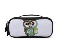MUSM Small Makeup Bag with Handle - Durable PU Leather & Oxford Fabric Portable Mini Cosmetic Case Makeup Brush Holder for Women, Cartoon Green Cute Owl Pencil Case for Travel Office
