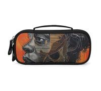 MUSM Small Makeup Bag with Handle - Durable PU Leather & Oxford Fabric Portable Mini Cosmetic Case Makeup Brush Holder for Women, Orange And Black Pencil Case for Travel Office