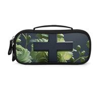 MUSM Small Makeup Bag with Handle - Durable PU Leather & Oxford Fabric Portable Mini Cosmetic Case Makeup Brush Holder for Women, Black Cross Among Green Flowers Pencil Case for Travel Office