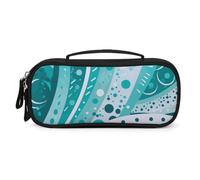 MUSM Small Makeup Bag with Handle - Durable PU Leather & Oxford Fabric Portable Mini Cosmetic Case Makeup Brush Holder for Women, Turquoise And White Circle Pencil Case for Travel Office