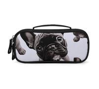 MUSM Small Makeup Bag with Handle - Durable PU Leather & Oxford Fabric Portable Mini Cosmetic Case Makeup Brush Holder for Women, French Bulldog Pencil Case for Travel Office