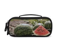 MUSM Small Makeup Bag with Handle - Durable PU Leather & Oxford Fabric Portable Mini Cosmetic Case Makeup Brush Holder for Women, Watermelon on The Ground Pencil Case for Travel Office