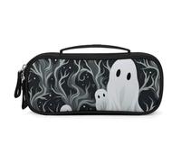 MUSM Small Makeup Bag with Handle - Durable PU Leather & Oxford Fabric Portable Mini Cosmetic Case Makeup Brush Holder for Women, White Patterned Ghost Pencil Case for Travel Office