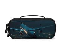 MUSM Small Makeup Bag with Handle - Durable PU Leather & Oxford Fabric Portable Mini Cosmetic Case Makeup Brush Holder for Women, Plane Flying at Night Pencil Case for Travel Office