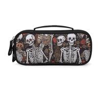 MUSM Small Makeup Bag with Handle - Durable PU Leather & Oxford Fabric Portable Mini Cosmetic Case Makeup Brush Holder for Women, Skeletons Where Souls Meet Pencil Case for Travel Office