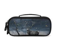 MUSM Small Makeup Bag with Handle - Durable PU Leather & Oxford Fabric Portable Mini Cosmetic Case Makeup Brush Holder for Women, Painting Under Moonlight Pencil Case for Travel Office