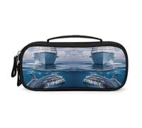 MUSM Small Makeup Bag with Handle - Durable PU Leather & Oxford Fabric Portable Mini Cosmetic Case Makeup Brush Holder for Women, Cruise Ship Ocean Killer Whale Pencil Case for Travel Office