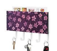 MUSM Small Peach Flowers Key Holder Wall Mounted with 5 Hooks & Mail Organizer, Self-Adhesive PU Leather Key Hook Vintage Keys Rack for Entryway, Hallway, Bathroom