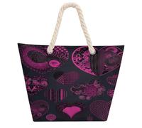 MUSM Stylish Pink Heart Collection Hemp Rope Tote Bag for Women Water-resistant Large Capacity Beach Bag Reusable Shopping Handbag for Daily Travel Work Swimming Pool Use