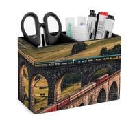 MUSM Sunset over Elevated Bridge Pen Holder with 2 Compartments - PU Leather Desk Organizer Pencil Holder, 5.9"x2.8"x4.3" Stylish Makeup Brush Holder Pencil Cup for Office, Home & Gift