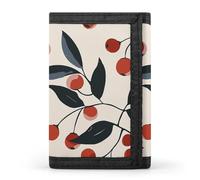 MUSM Tri-Fold Wallet with 8 Card Slots & Key Ring, Durable Polyester Money Clip Compact Red Cherry Pattern Wallet for Men & Women