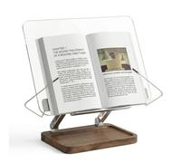 muso wood Acrylic Book Stand for Reading, Adjustable Book Holder with Walnut Storage and Elastic Clips, Desktop Riser Stand for Cookbook, Magazine, Tablet, Laptop