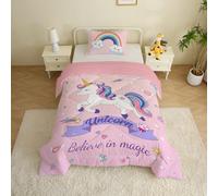 MUSOLEI Kids Single Coverless Duvet Girls Unicorn for All Seasons Single Quilt 3D Patterns Comforter 135x200 with 50x75 pillowcase Pink