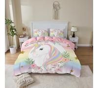 MUSOLEI Magic Unicorn Moon Flower Bedding Set Kids Duvet Cover and Pillowcase Green Blue Watercolor Mermaid Zipper Bed Cover Gift Single Souble Sing Superking (Pink, Double)