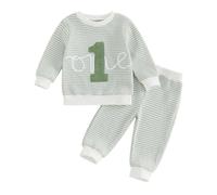 Muspeczenith Baby Boy First Birthday Outfit One Letter Embroidered Striped Waffle Knit Long Sleeve T-Shirt and Pants Fall Winter Clothes Set Cake Smash Outfits