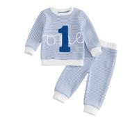 Muspeczenith Baby Boy First Birthday Outfit One Letter Embroidered Striped Waffle Knit Long Sleeve T-Shirt and Pants Fall Winter Clothes Set Cake Smash Outfits