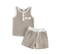Muspeczenith Baby Boys Summer Outfits Soft Waffle Knit Striped Clothes Sleeveless Vest Shirts Shorts Set (Khaki, 6-12 Months)