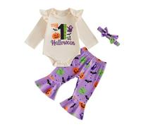 Muspeczenith Baby Girls Halloween Outfits Ghost Pumpkin Romper Pants Headband 3Pcs Set (Purple, 12-18 Months)