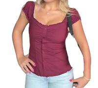 Muspeczenith Fairy Y2K Plaid Tops for Women Cap Sleeve Button Up Ruffle Blouse Grunge Babydoll Top Vintage Coquette Shirt (Red, S)