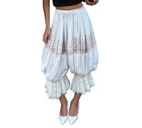 Muspeczenith Sheer Lace Bloomers for Women Mid Rise Frill Trim Trousers Ruffle Pettipants Victorian Vintage Capri Pants Half Slips (White, L)