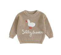 Muspeczenith Toddler Boy Girl Knitted Jumper Goose Embroidery Oversized Sweater Pullover Infant Autumn Winter Clothes Chunky Knitwear (Khaki, 12-18 Months)
