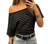 Muspeczenith Women Off the Shoulder Tops Y2K Striped Cinched Waist Short Sleeve T-Shirt Ruched Asymmetrical Top Summer Streetwear