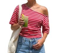Muspeczenith Women Off the Shoulder Tops Y2K Striped Cinched Waist Short Sleeve T-Shirt Ruched Asymmetrical Top Summer Streetwear