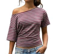 Muspeczenith Women Off the Shoulder Tops Y2K Striped Cinched Waist Short Sleeve T-Shirt Ruched Asymmetrical Top Summer Streetwear