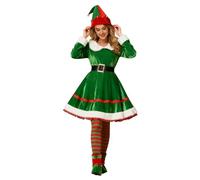 Muspeczenith Women's Christmas Elf Costume Long Sleeve Velvet Dress Belt Striped Over Knee High Socks Elf Hat Shoes Cosplay Costume Set (Green, XL)