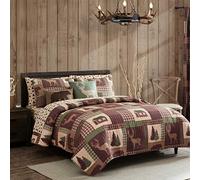 Muspyn How Plumb Aubrie Home Accents Cozy Cabin 3-Piece King Quilt Bedding Set with Pillow Sham Rustic Patchwork Plaid Deer Coverlet Bedspread, Brown Tan Green