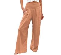 Must Haves for Teen Girls Linen Trousers for Women UK Solid Summer Pants Elastic High Wasit Palazzo Pants Ladies Wide Leg Long Lounge Pants Loose Casual Trousers Holiday Essentials for Women Orange