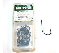 Mustad 496BNP-BU Offset Soft Bait Hooks (Limerick Match) - Size 1/0 - Qty 25