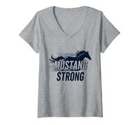 Mustang Strong School Spirit Powerful Stallion Pride V-Neck T-Shirt, Women, Heather Grey, S